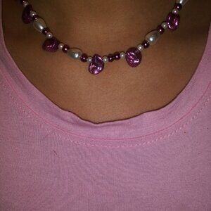 Handmade purple and white glass beaded necklace set